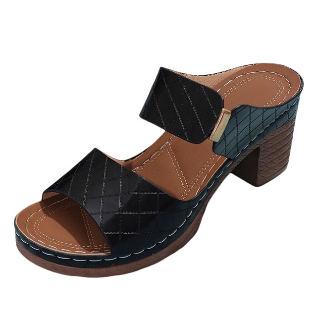 IUJSOY Womens Heeled Sandals Open Toe Two Strap Chunky Heels Slides Soft Cushion Slip on Mules