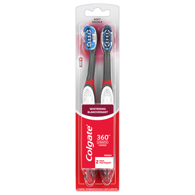 Colgate 360 Vibrate Whitening Battery-Operated Toothbrushes 2 pack with soft blue floss tip bristles and black, white, and red ergonomic handles in clear retail packaging, featuring whitening action and 1 AAA battery included, suitable for travel and whole mouth cleaning.