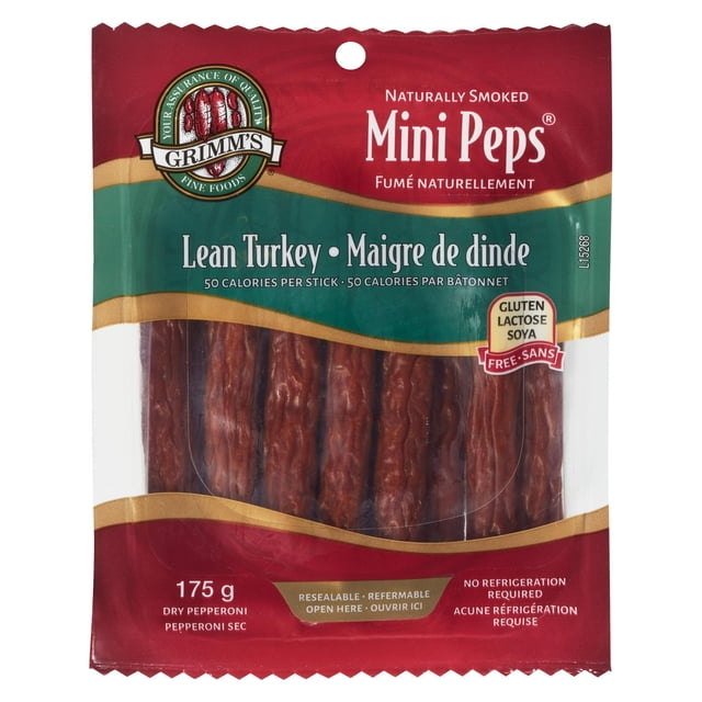 Bâtonnets de Pepperoni à la Dinde Sèche Naturellement Fumée par Grimm's, dans un Emballage Refermable de 175 g, Sans gluten, Sans lactose et Sans Soya, Aucune Réfrigération Nécessaire, avec des Bâtonnets de Viande de Dinde Maigre visible à Travers une Fenêtre Transparente, Convient aux Collations en Plein Air.