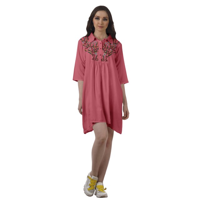 Moomaya Robe Chemise Tunique Mini Décontractée Unie à Manches 3/4 pour Femmes en Rayonne
