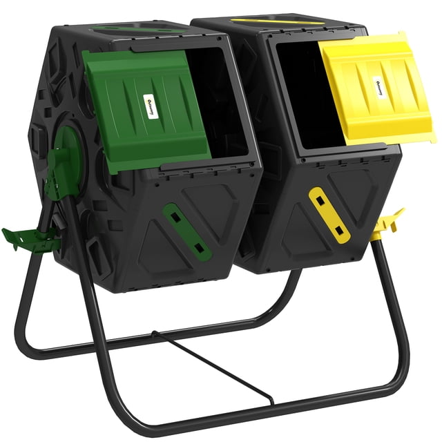 Outsunny Composteur de 34,5 gallons, Compost à Double Chambre Bin en Jaune et Vert. Ce Composteur d'Extérieur Présente un design à tumbling à 360° avec Deux Chambres pour un Compostage Efficace. Fait d'Acier et de Plastique Durables, Il Dispose d'Un Cadre Noir avec des Portes Vertes et Jaunes pour un Accès Facile. le Composteur Mesure 26,4 Pouces de Longueur, 23,6 Pouces de Largeur et 30,3 Pouces de Hauteur, avec une Capacité de 34,5 gallons (130 L).