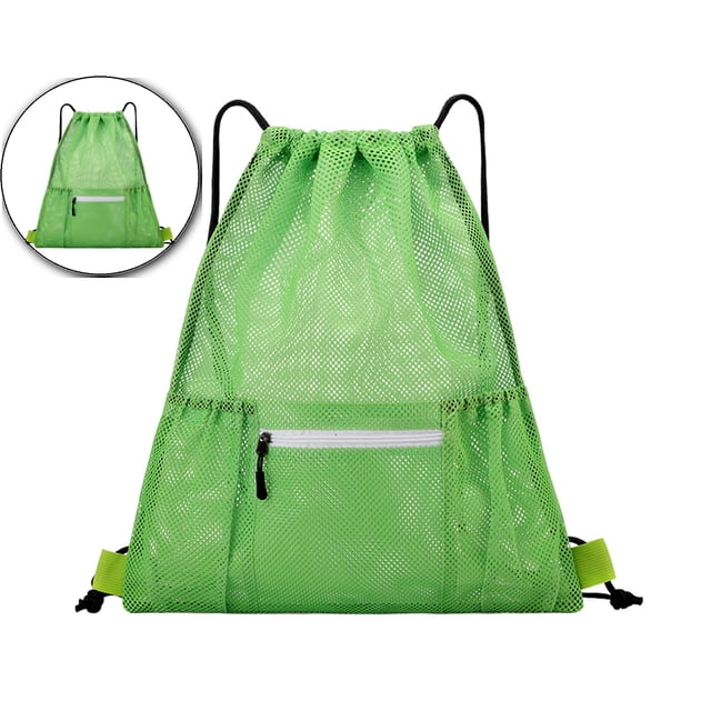 Dvruxg Mesh Drawstring Backpack Bag, Gym Sports Bag with Zipper Pocket Bottle Holder, String Beach Bag for Swiming Travel(Green)