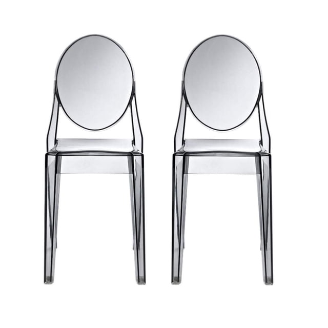 Heavenly Collection Smoke Plastic Armless Chair set of two, front-facing clear polycarbonate dining chairs with round backrest and square seat, stackable and waterproof, ideal for kitchen seating and modern dining spaces, suitable for indoor and outdoor use.