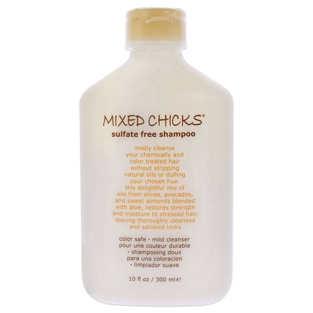 Shampooing Sans Sulfate par Mixed Chicks pour Unisexe - Bouteille de 10 oz. Ce Shampooing Sûr pour la Couleur Nettoie en Douceur les Cheveux Chimiquement et Traités par la Couleur Sans Enlever les Huiles Naturelles Ni Ternir la Teinte. Enrichi d'Avocat, d'Amandes Douces et d'Aloès, Il Restaure l'Hydratation et la Force des Cheveux Stressés. la Bouteille Présente un design beige avec Texte Brun et un Bouchon à Vis.