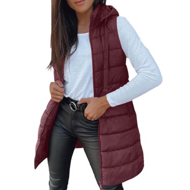 ManxiVoo Veste Matelassée Sans Manches pour Femmes, Manteau d'Hiver à Capuche, Chaud, Fermeture Éclair, Vêtement d'Extérieur, Longueur Mi-Cuisse, Taille P, Bourgogne
