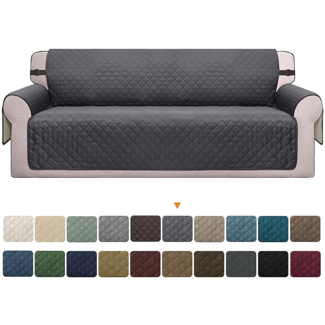 Reversible sofa cover in grey, featuring a quilted pattern and water-resistant material, designed as a non-slip furniture protector for couches. Includes elastic straps for a secure fit, ideal for safeguarding against pets, children, and spills. Machine washable and reversible, offering two looks in one. Displayed on a sofa with additional colour options shown below.