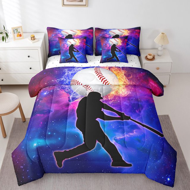 YST Baseball Player 7Pcs Comforter Set, Sports Game, Polyester, King Size (1 Comforter, 1 Flat Sheet, 1 Fitted Sheet, 2 Pillowcases, 2 Throw Pillow Covers)