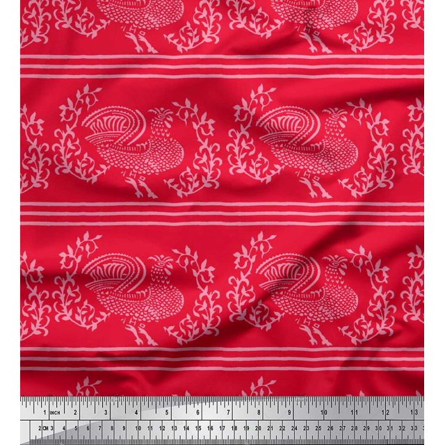 Soimoi Poly Georgette Fabric Stripe,Leaves & Hen Block Print Fabric by The Yard 52 Inch Wide