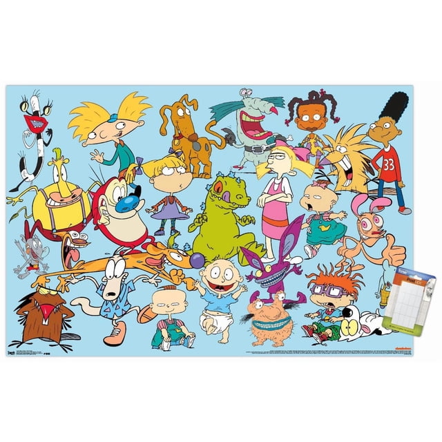 Affiche Murale de Personnages Nickelodeon, 14,725 Po x 22,375 Po Encadrée Présentant un collage vibrant de Personnages de Dessin Animé Nickelodeon Emblématiques, Dont Arnold de Hey Arnold!, Ren et Stimpy, Rocko, Tommy Pickles et Chuckie de Rugrats, CatDog, et Autres sur un Fond Bleu Pâle, Conçue comme art Mural Encadré Idéal pour la Déco de la Maison, les Chambres d'Enfants et les Dortoirs.