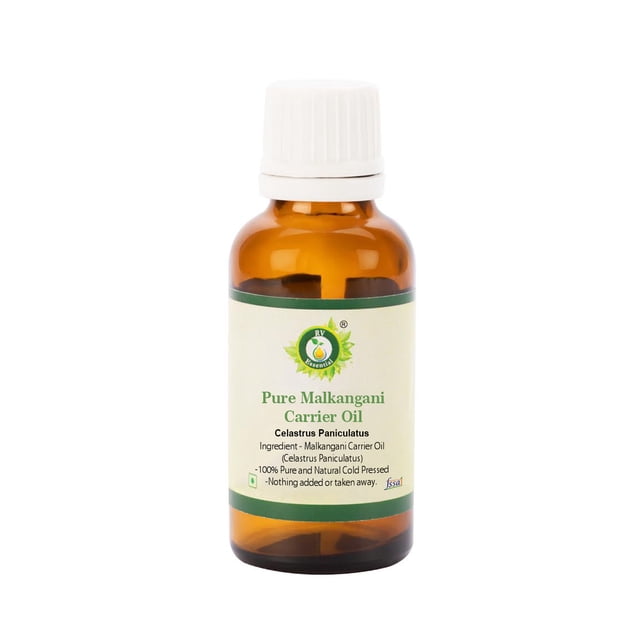 Malkangani Oil Malkangani Seed Oil Celastrus Paniculatus Undiluted Pure Natural Cold Pressed 100ml 3.38oz by R V Essential. The product is packaged in a high-quality amber glass bottle with a white cap, featuring a green and white label that highlights its 100% pure and natural cold-pressed formulation. Suitable for aromatherapy and carrier oil applications.