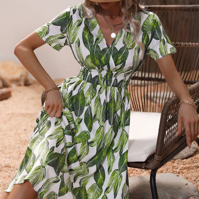 Mefallenssiah Robe d'Été à Manches Courtes et Col en V pour Femme