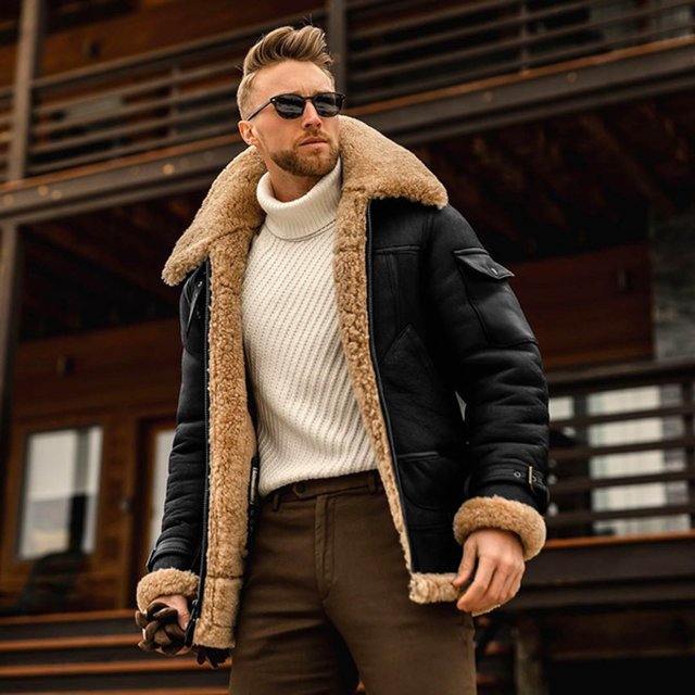 EGNMCR Jackets for Men Men Mid-length Windbreaker Jacket With Lapel Color Suede Coat