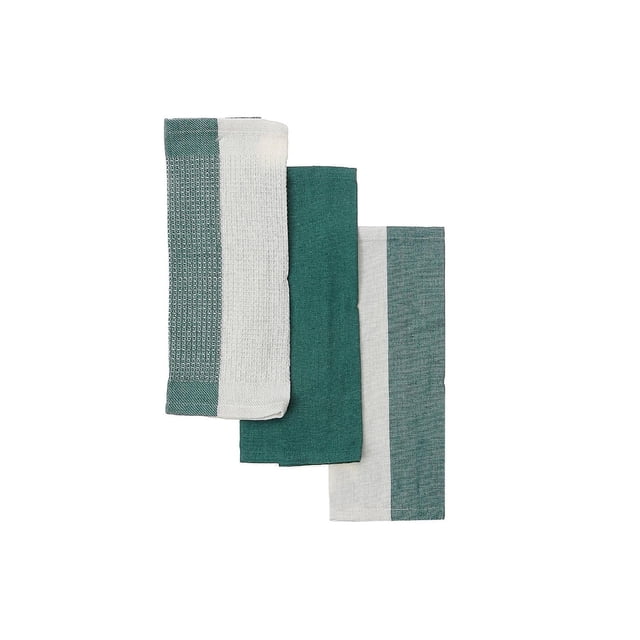 Ensemble de 3 Linges à Vaisselle, Impression en Blocs, Vert, Montrant Trois Linges de Cuisine en Coton Pliés, Motifs en Blocs Verts et Blancs, avec des designs Texturés et Unis, Offrant une Haute Absorption et un Séchage Rapide, Convient aux Linges de Cuisine et aux Lavettes.
