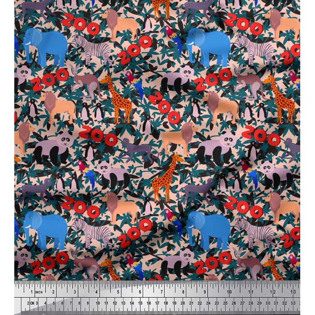 Soimoi Tissu Poly Georgette Feuilles, Perroquet et Animaux de Zoo Jungle Tissu Imprimé 1 Yard 52 Pouces de Large