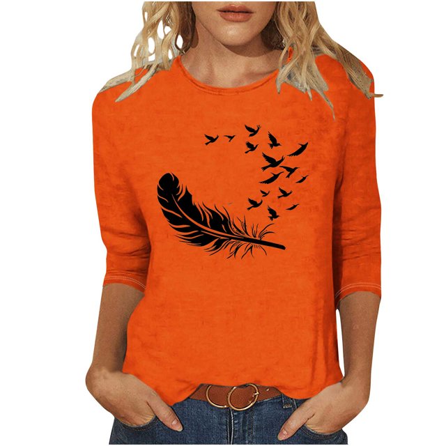 Dadaria T-Shirt pour Femmes Chemise Orange Manches 3/4 Col Rond Été Chandail Blouses S