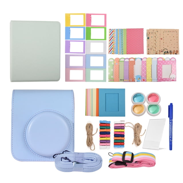 yeacher Instant Camera Accessories Kit for Fujifilm Instax Mini 12, featuring a multicolor camera bag, photo album, acrylic frame, square paper frames, stickers, corner tabs, strap, pen, and more. The kit includes a blue PU leather camera bag with a strap for protection, colorful photo frames, film border stickers, and a pen for decorating photos. Also included are photo clips and string for wall displays, and an album for storing cherished moments. Suitable for Fujifilm Instax Mini 12 cameras.