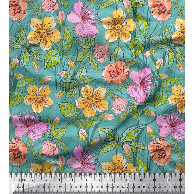 Soimoi Poly Georgette Fabric Leaves & Buttercup Floral Fabric Prints By Yard 42 Inch Wide