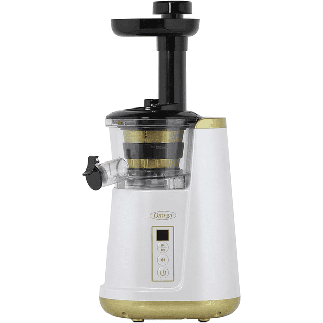 (Manufacturer Refurbished) Omega JC3000SV13 Vertical Masticating Juicer in white with gold accents, featuring a compact vertical design. The juicer includes a transparent juice container with a no-drip spout, a black top lid, and a control panel with simple buttons for operation. Designed for cold press juicing at slow speeds of 45-65 RPM, it preserves nutrients and minimizes foam. Ideal for juicing fruits, vegetables, and leafy greens, with a reverse function to clear clogs and a safety interlock for secure operation.