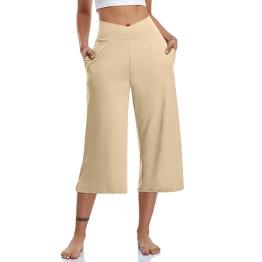 Timegard Womens Wide Leg Yoga Pants Capris High Waist Crossover Casual Loose Workout Crop Pants Pockets