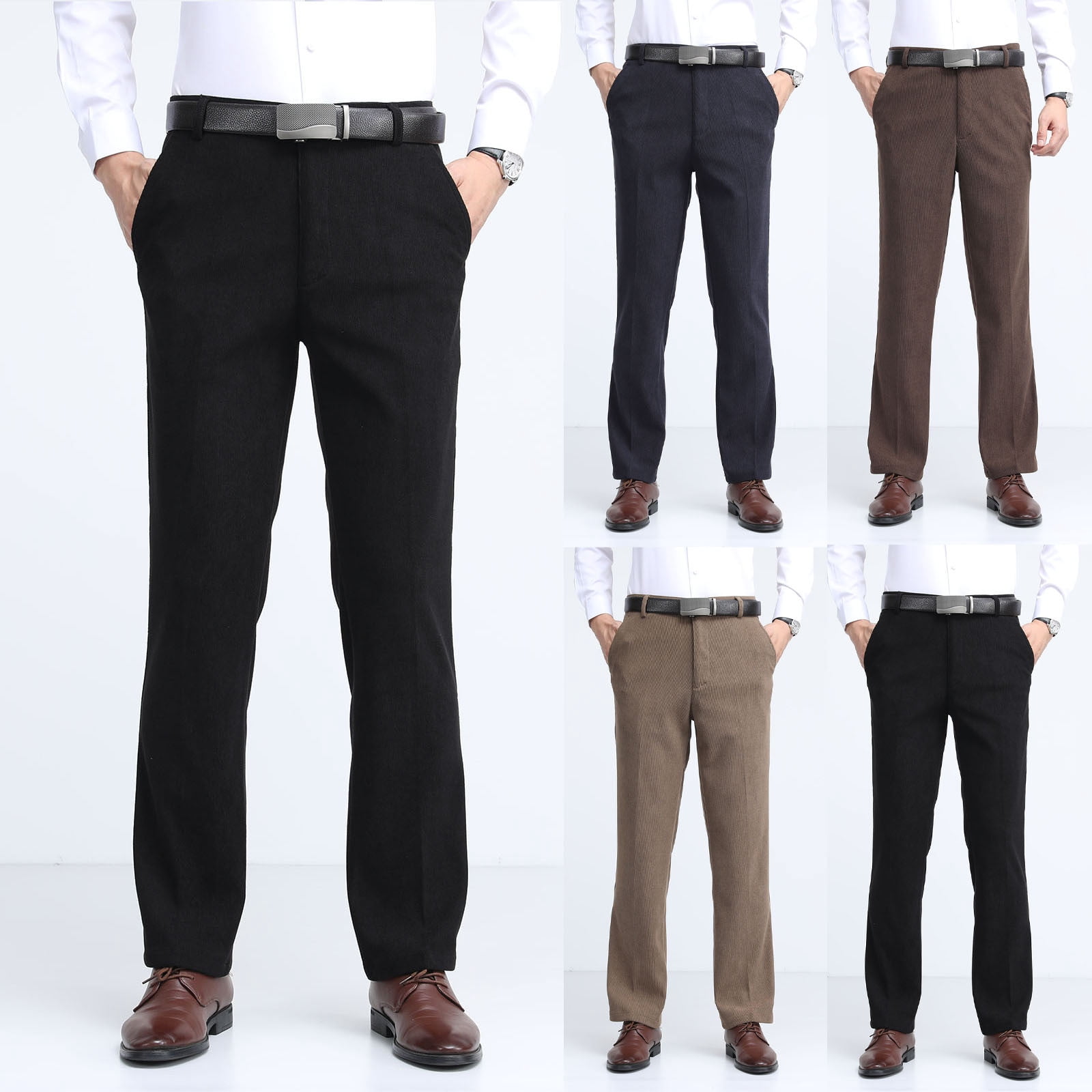 Pisexur Mens Dress Pants Solid Middle-Aged Corduroy Button Zipper High ...