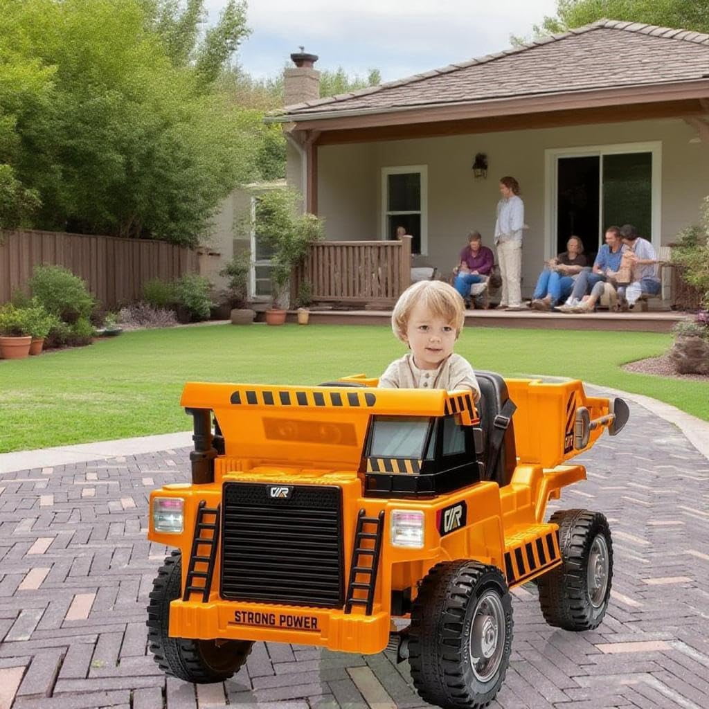 12V 4WD Ride on Dump Truck with Electric Dump Bed,12V Electric Ride-On Construction Truck,4-Wheeler Toy Car With Remote Control, Dump Bed, Shovel & Music Player | Interactive Construction Vehicle Gift