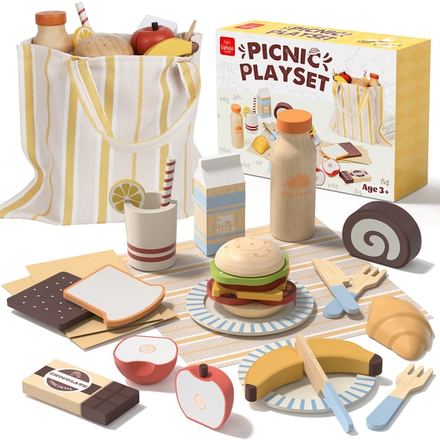 Wooden Play Food Sets for Kids Kitchen, Pretend Food Toys for Toddlers 3-5, featuring a variety of wooden play food items such as fruits, vegetables, bread, desserts, and drinks. The set includes a striped picnic mat that doubles as a storage bag, wooden utensils, and a box labeled 'Picnic Playset' in the background. Items like a wooden burger, banana slices, chocolate bar, and milk carton are displayed on the mat, designed for imaginative play and educational activities for children aged 3 and up.