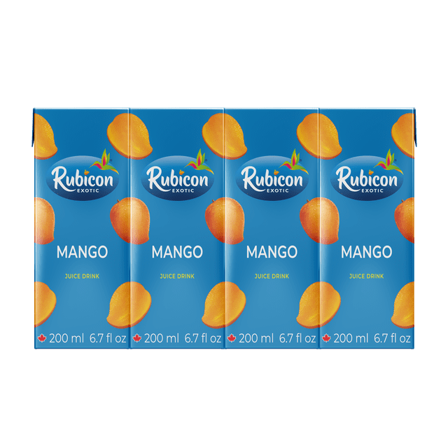 Rubicon Mango Juice - Lot de 4 cartons Bleus de 200 ml avec le logo Exotique Rubicon et des Tranches de Mangue Mûre, Faites à Partir de Mangues Cueillies à la Main Sans Agents de Conservation Ni Édulcorants, Produit du Canada, Idéal pour la cuisine Indienne et Sud-Asiatique, Chaque carton 200 ml (6,7 fl oz).