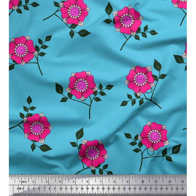 Soimoi Poly Georgette Tissu Feuilles & Fleurs Roses Imprimé Floral 1 Yard 42 Inch Wide