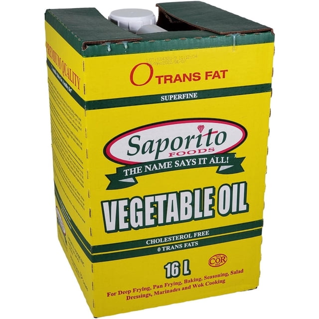 Saporito Boîte d'Huile Végétale, 16 Litres. une Boîte Jaune et Verte Mettant en Vedette le logo des Aliments Saporito et des Détails comme « 0 Gras Trans » et « Sans Cholestérol ». Conçue pour la Friture, la Poêle, la Cuisson et les Vinaigrettes, la Boîte Comprend un Bec Verseur pour un Versement Facile et Est Étiquetée comme 16 Litres.