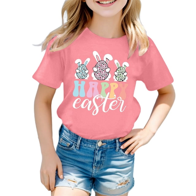 MIASHUI T-Shirt Graphique Lapin de Pâques pour Filles, Manches Courtes, Été, Rose, 5-6 Ans