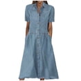thumbnail image 1 of Cameland Robe Décontractée en Denim Uni à Col en V pour Femmes, à Manches Courtes, pour le Printemps et l'Été, 1 of 6