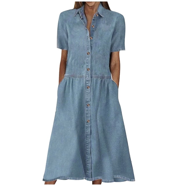 Cameland Robe Décontractée en Denim Uni à Col en V pour Femmes, à Manches Courtes, pour le Printemps et l'Été
