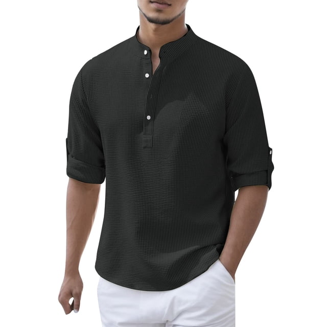 PMUYBHF T-Shirts Graphiques pour Hommes Mode Décontractée Printemps et Automne Couleur Unie Col à Boutons Manches Longues