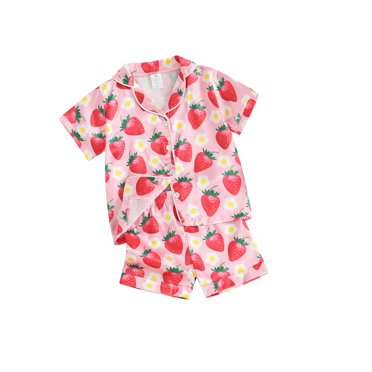 Honganda 1-7Y Girls Summer 2Pcs Pajama Sets Short Sleeve Lapel Shirt Strawberry Print Shorts Sleepwear