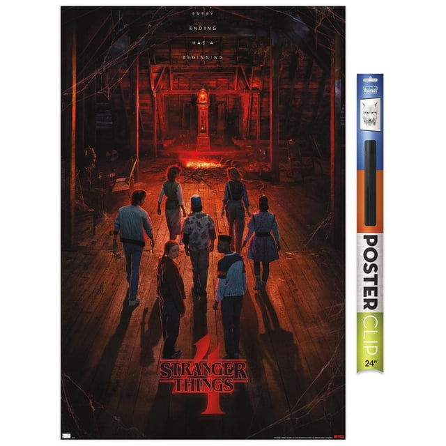 Netflix Stranger Things : Saison 4 - Affiche Murale Teaser « Creel House » en une Feuille avec Épingles, 22,375 Po x 34 Po Montrant Sept Personnages Marchant vers un Grand-Père Lumineux avec une Horloge à l'Intérieur d'Un Grenier Sombre avec Planchers et Poutres en Bois, Illuminée par une Lumière Rouge-Orange et des Toiles d'Araignée dans les Coins, avec le Texte « Every ending has a beginning » au-Dessus et le logo Stranger Things 4 en Dessous
