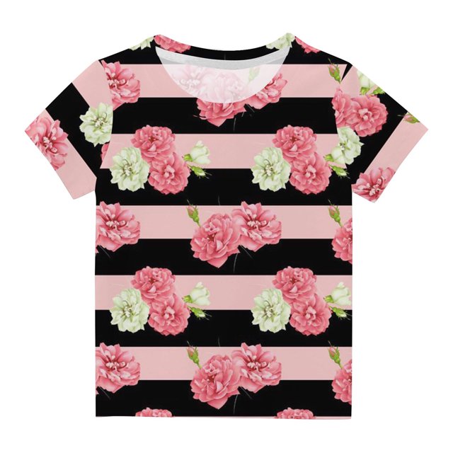 Penkiiy Garçons Filles Enfants T-Shirts Rayés à Imprimé Floral, Garçons Filles Chandails Fantaisie Col Rond Manches Courtes T-Shirts 3-4 Ans Multicolore