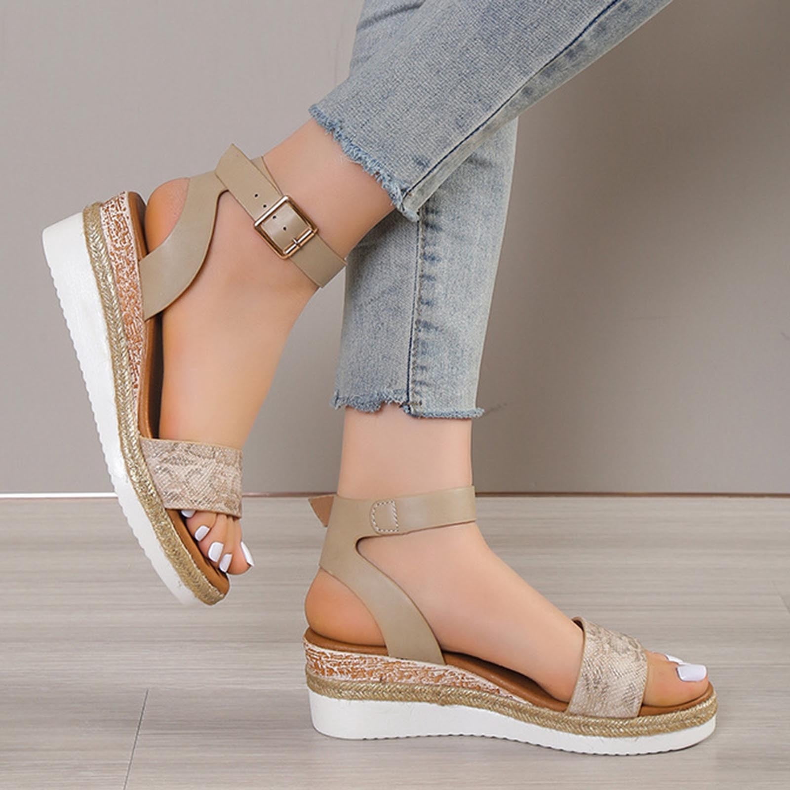Mefallenssiah Women'S Slope Heel One Line Buckle Mules Middle Heel Slippers Roman Sandals