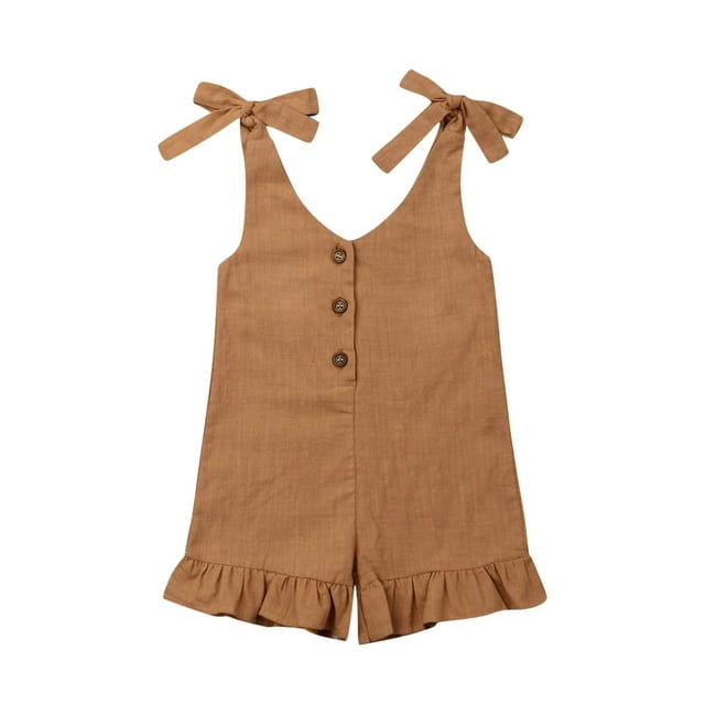 Baby Girls Summer Sleeveless Romper Lace-up Button Down Ruffled Jumpsuit