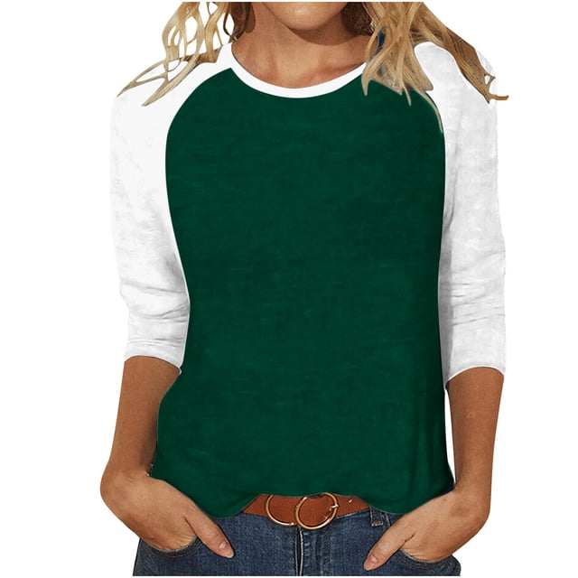 FNFYFH Chandails Raglan pour Femmes Chic Manches 3/4 T-Shirt de Baseball Tunique Col Ras du Cou T-Shirt à Blocs de Couleur Été Tendance Manches 3/4 Hauts Mignons Décontractés Coupe Ample Haut Respirant Prime Day Liquidation
