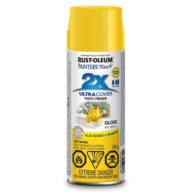 Painter's Touch 2X Ultra Cover Sun Yellow Gloss spray paint can with yellow cap, offering fast drying, double coverage, and any-angle spray for wood, metal, plastic, and more, labeled with safety warnings and weighing 340 g.