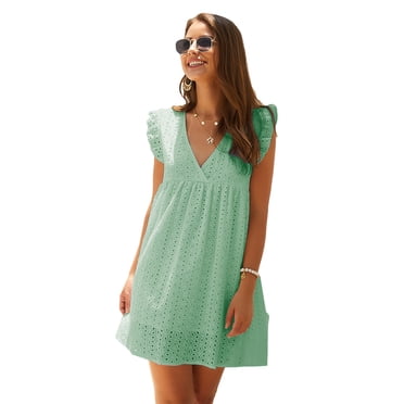 zanvin summer dress for women , Robes d'Été pour Femmes à Col en V à Manches Courtes Robe Décontractée Évasée Fluide Ourlet à Volants Mini Plage Robes d'Été Fête Robe de Plage, Vert