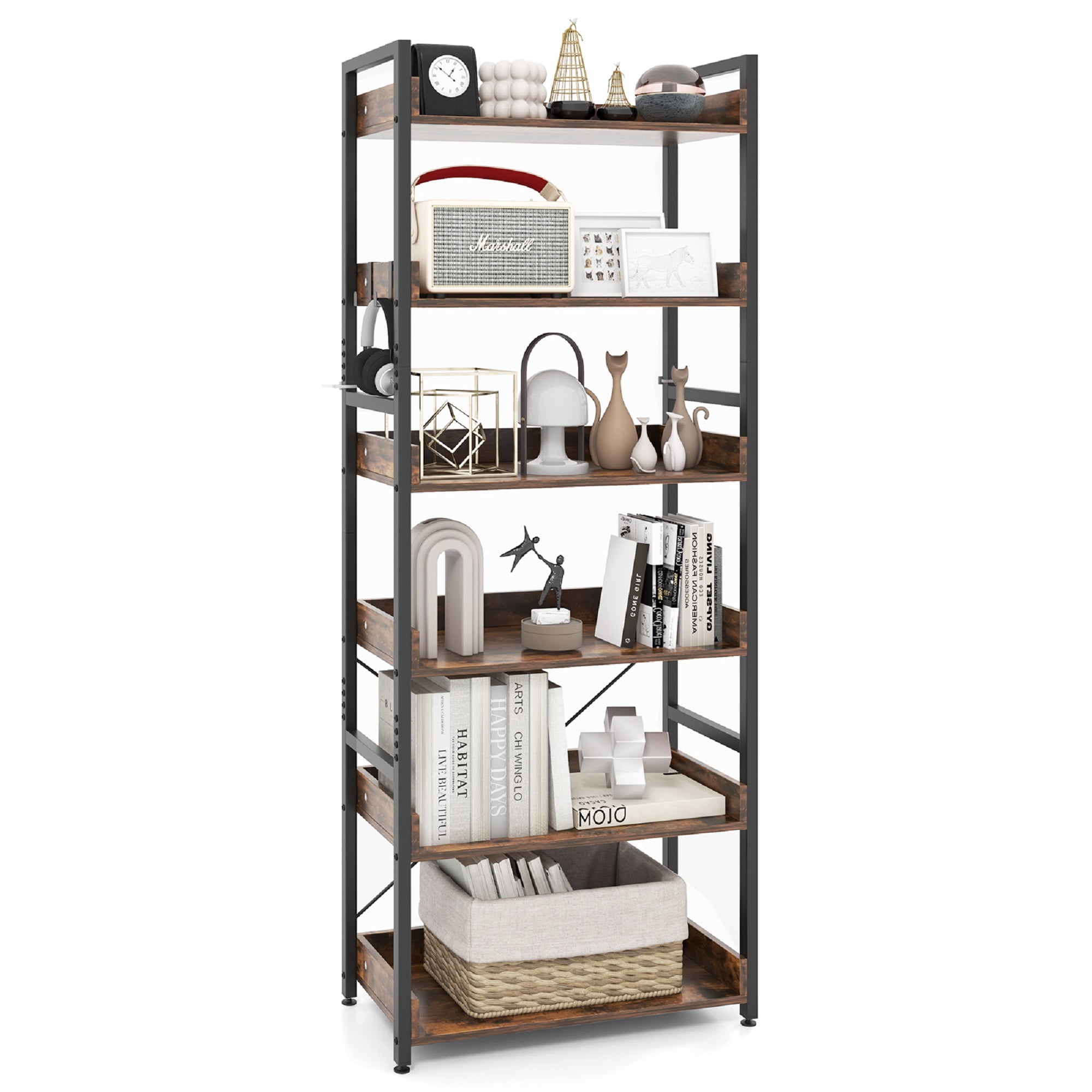 Patiojoy 6-Tier Bookshelf with 4 Hooks Industrial Storage Bookcase Tall Freestanding Display Shelf with Anti-tipping Device