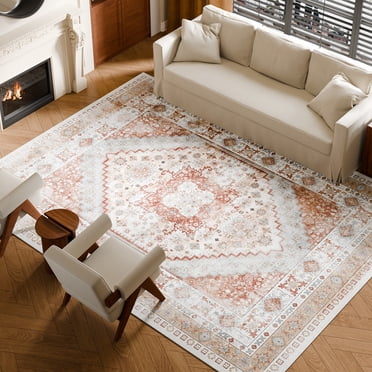 VEVOR Grand Tapis 9 x 12 Pi Antidérapant Résistant aux Déchirures Tapis de Sol Brun Rouge Vintage
