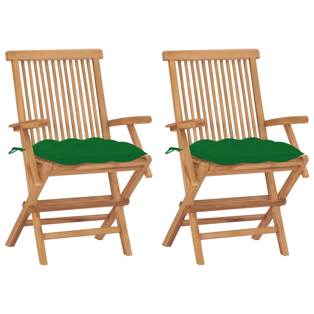 vidaXL Garden Chairs with Green Cushions 2 pcs Solid Teak Wood