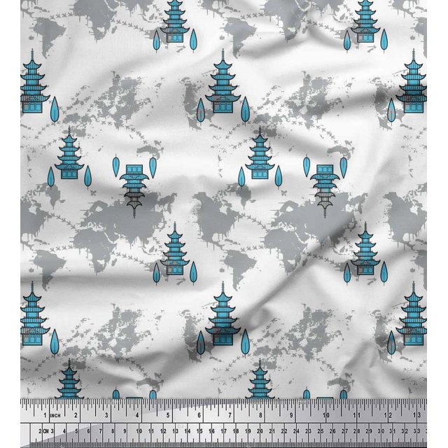 Soimoi Blue Modal Satin Fabric Tree & World Map Print Fabric by the Yard 42 Inch Wide