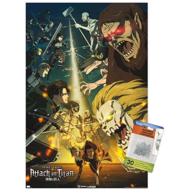 Attack on Titan : Saison 4 - Affiche Murale Visuelle Clé 3 avec Cadre Magnétique, 22,375 Po x 34 Po Représentant une Scène de Bataille d'Anime Détaillée avec Plusieurs Personnages et Titans Entourant un Pilier à Picots Lumineux, Présentant des Visages de Titan Monstrueux avec des Yeux Lumineux et des poses d'Action Dynamiques, Imprimée sur Papier Lustré et Encadrée avec un Cadre en Bois Magnétique, Convient pour Décorer des Chambres, des Bureaux Ou des Espaces à Thème.
