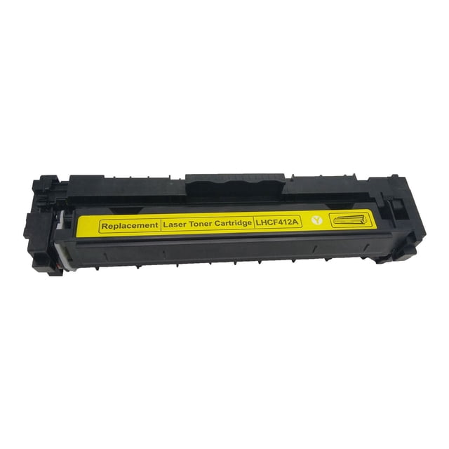 L-ink Compatible HP 410A (CF412A) Yellow Toner Cartridge with a black rectangular plastic body and yellow label reading 'Replacement Laser Toner Cartridge LHCF412A'. This ISO-certified cartridge delivers 2300 pages of clear, crisp laser print quality and fits HP printers M452DW, M452NW, MFP-M477FDN, MFP-M477FDW, and MFP-M477FNW. It is an economical alternative to original HP cartridges without sacrificing performance.