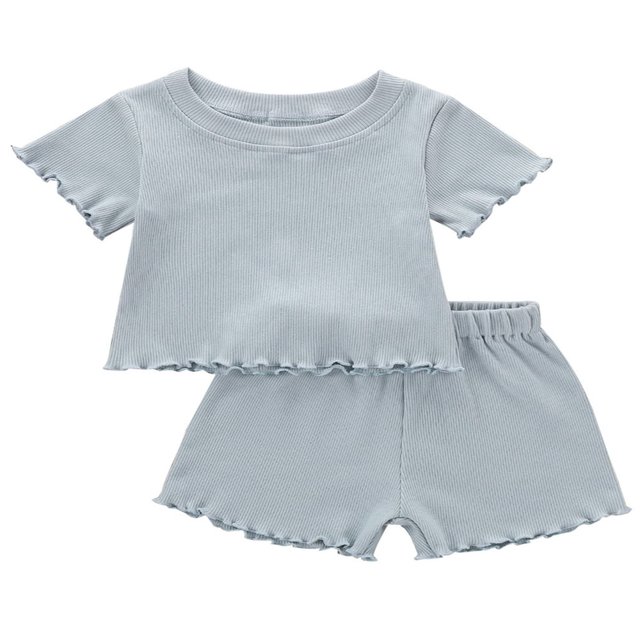 2 Pcs Bébé Fille Couleur Unie Manches Courtes Côtelées Col Rond + Shorts Rose 3-4 Ans