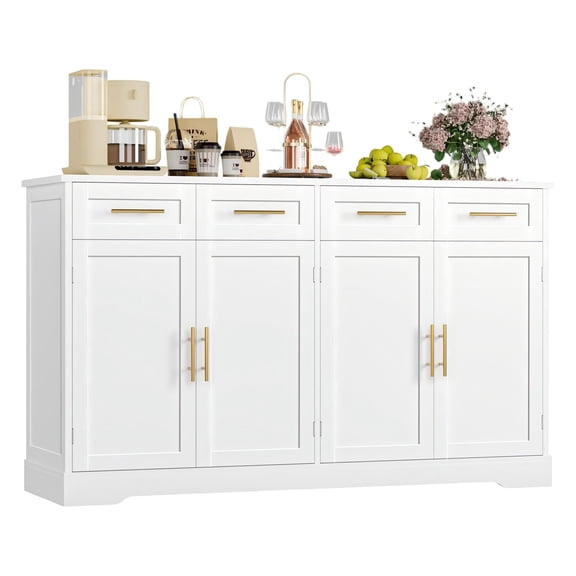 Homfa Buffet Moderne avec 4 Tiroirs et 4 Portes, Buffet Bahut de 59 Pouces L Armoire de Rangement avec Étagères, pour Cuisine Salon Chambre, Blanc