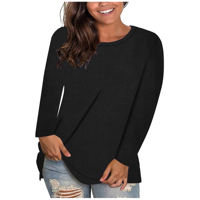Long Sleeve Tops for Women Solid Color Casual Crew Neck T Shirts Fall Winter Basic Tees